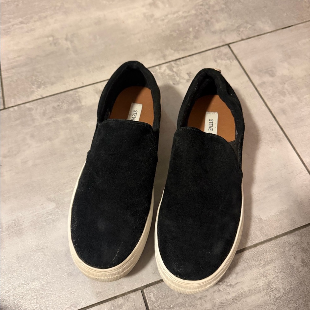 Steve Madden Black Suede Slip-On Loafers with White Sole